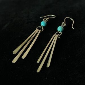 Vintage HOB MEXICO Sterling Silver Paddle Drop Turquoise Bead Dangle Earrings 3"
